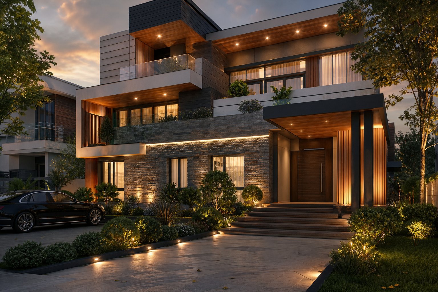 Modern residential building exterior with wood and stone cladding