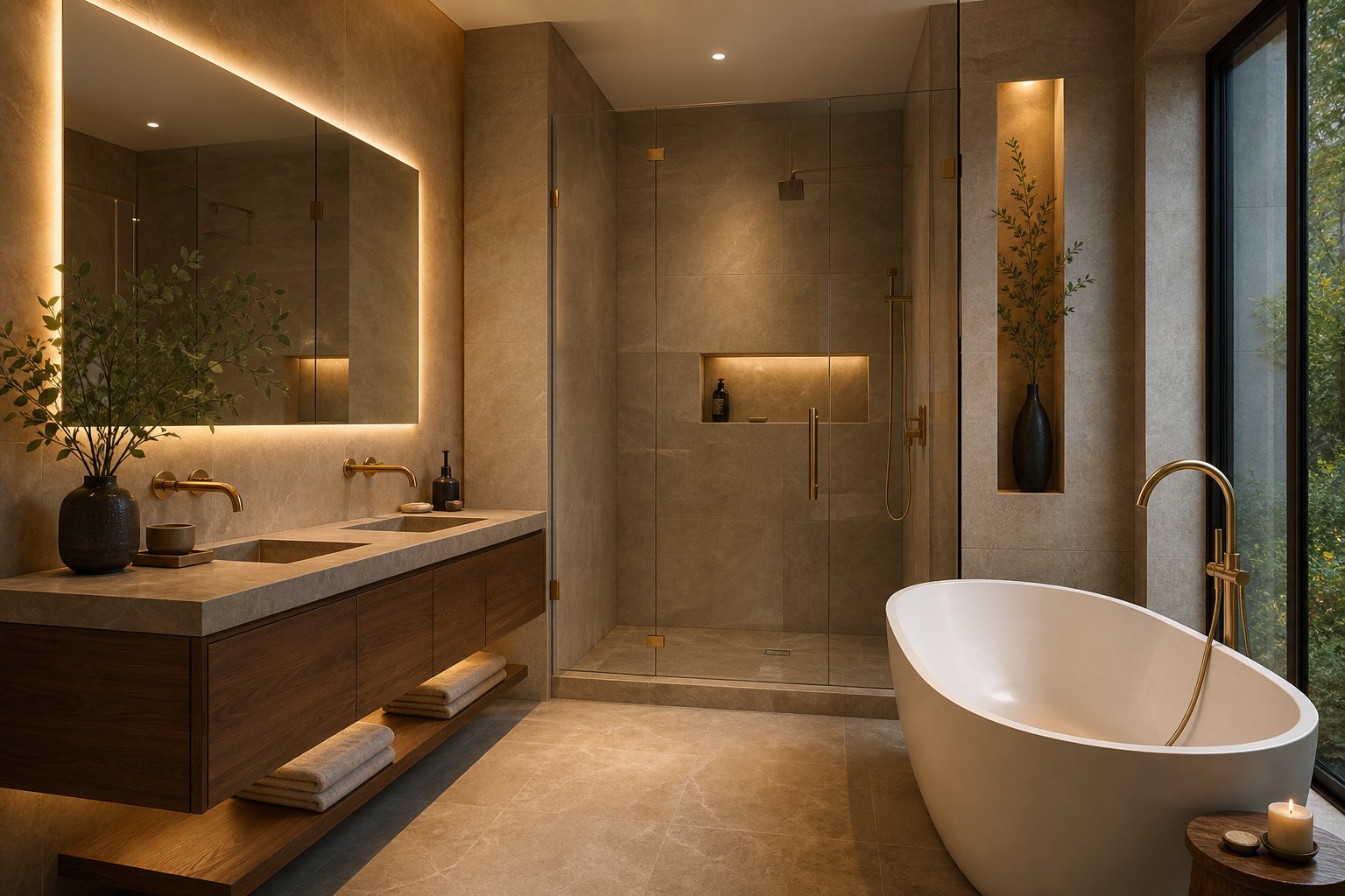 Contemporary bathroom with stone tiles and floating vanity