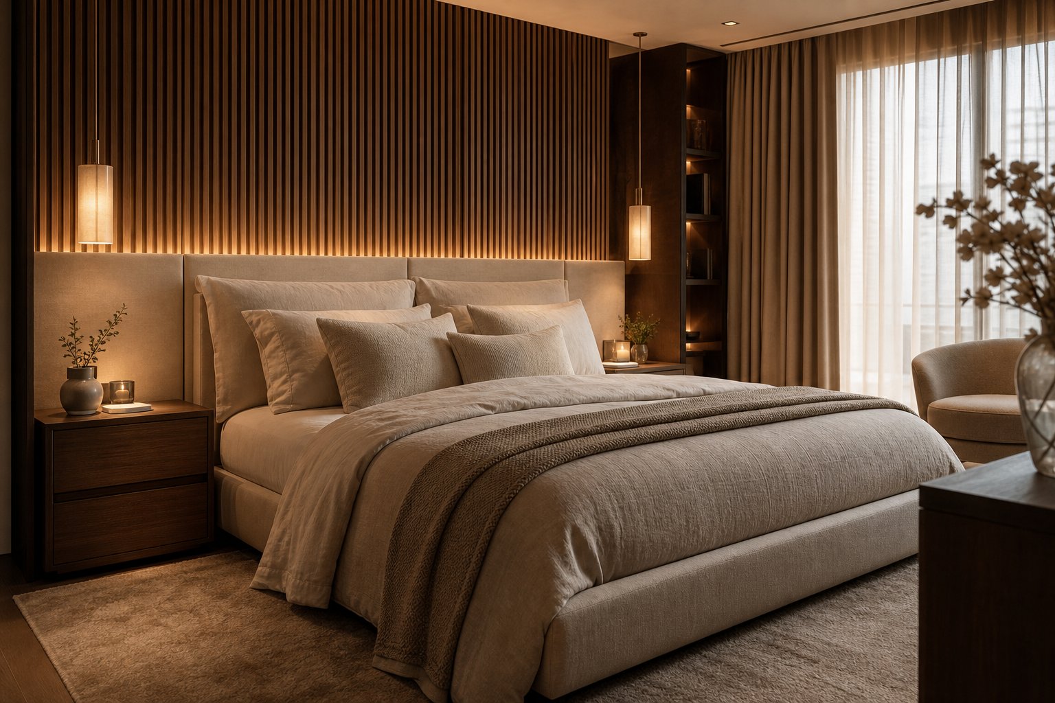 Elegant bedroom with upholstered headboard and wood feature wall