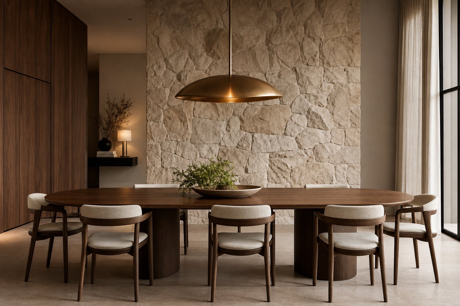 Dining room with walnut table and statement pendant light