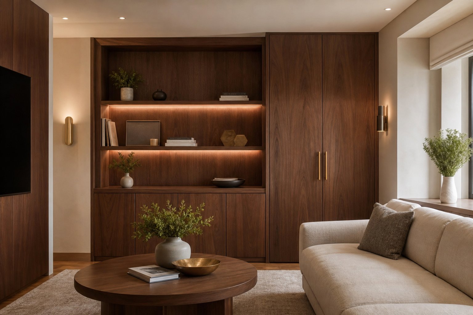 Custom built-in shelving and designer furniture in warm tones