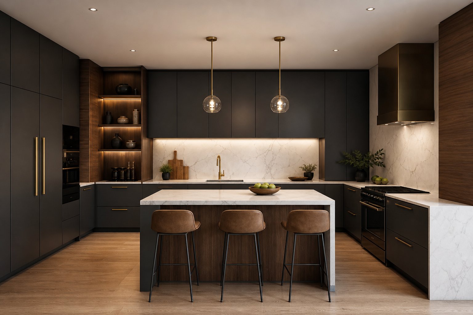 Modern modular kitchen with walnut cabinetry and marble countertop