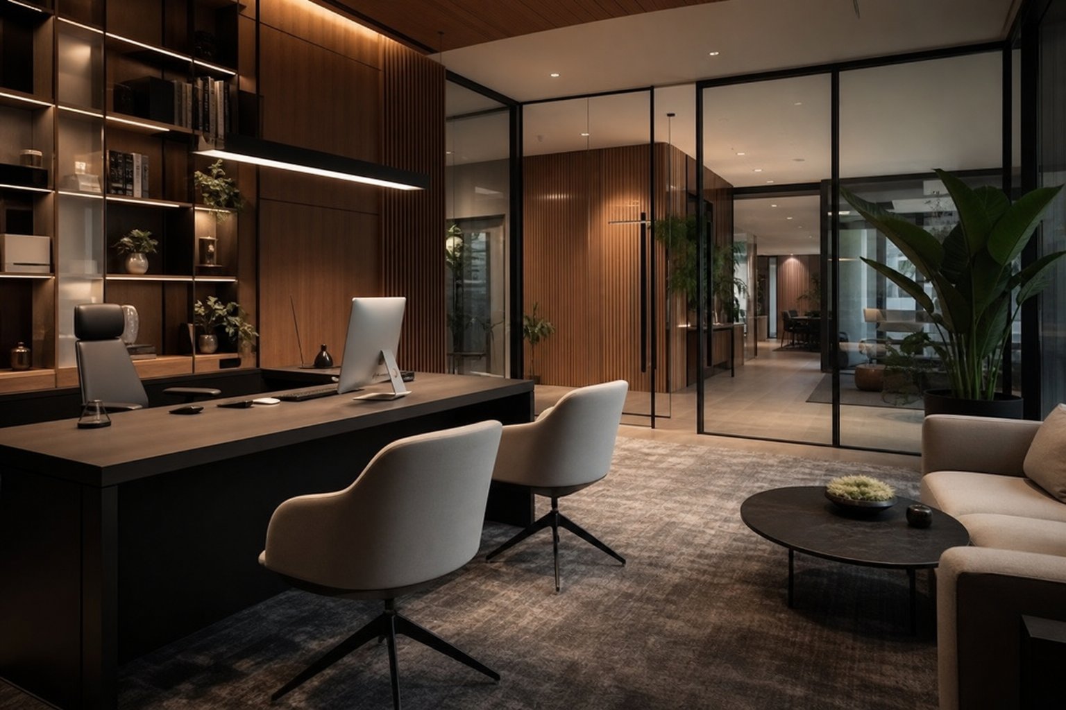 Premium office interior with wood slat accents and glass partitions